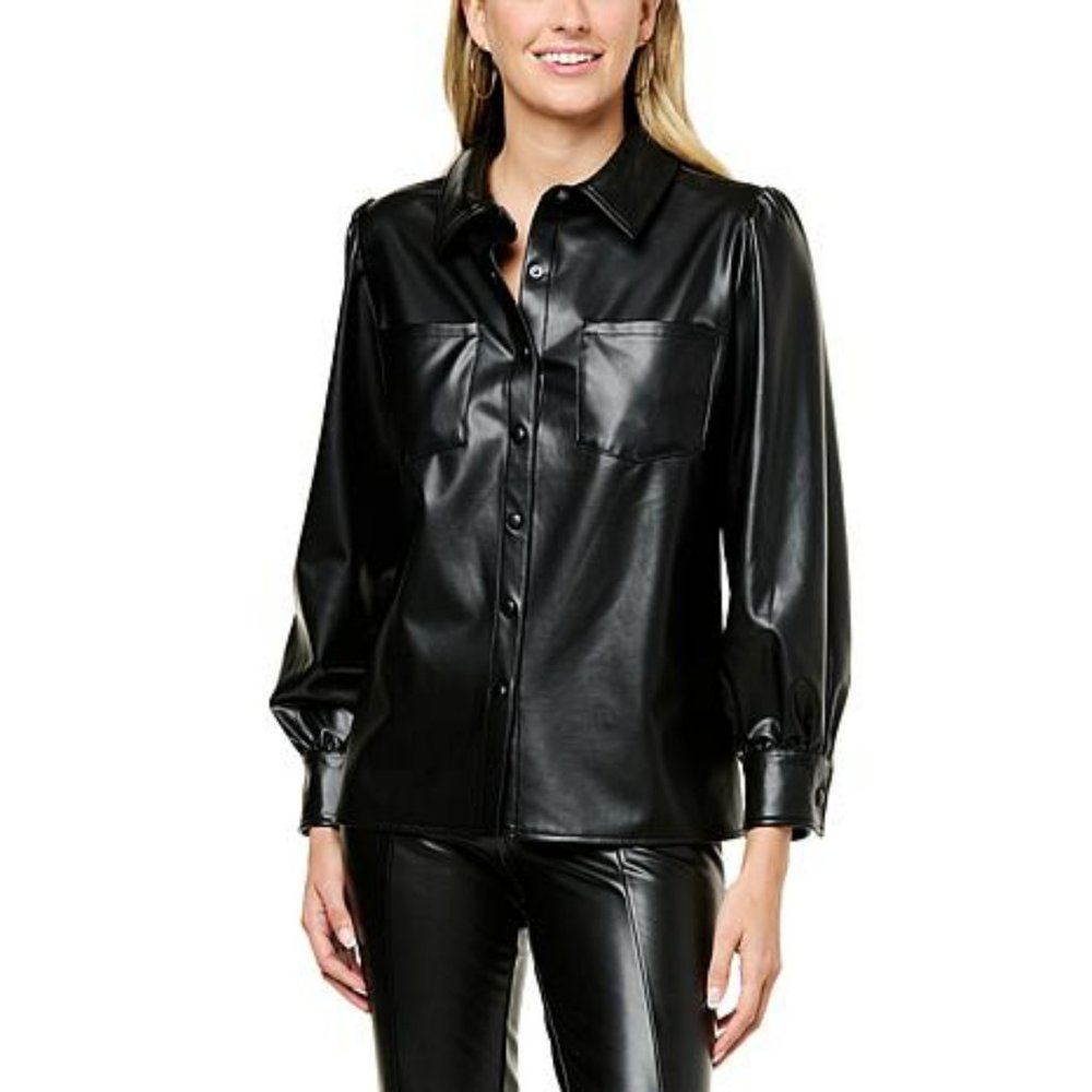 G by Giuliana Black Label Faux Leather Buttoned Shirt in Black, Size L